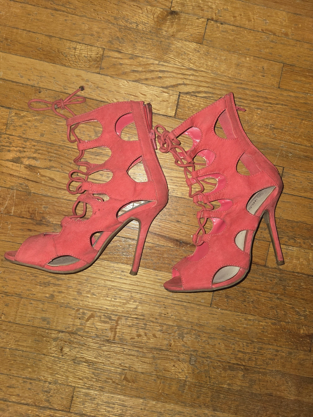 Lace-Up Cutout High Heel Sandals - Coral Pink